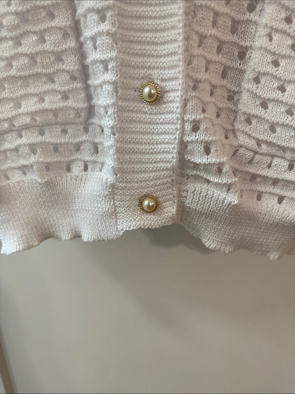 Pearl-Button White Knit Cardigan with Openwork Stitch - Picture 5 of 10